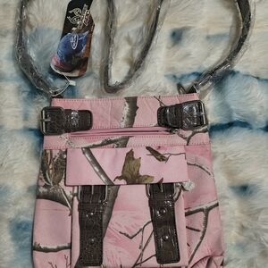 Realtree Pink Camouflage Crossbody Bag with Brown Buckle Accents